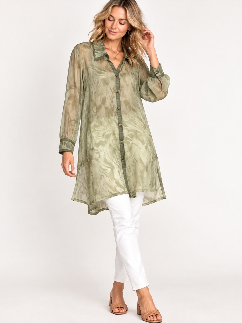 Vintage Vera Crutina 100% Silk Sage Green Sheer Slit Tunic Button Front Medium